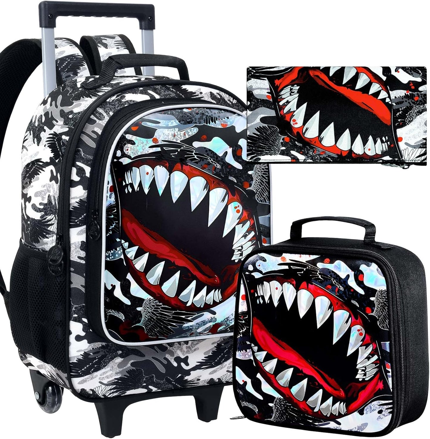 3PCS Shark Rolling Backpack for Boys, Roller School Backpack with Wheels, Kids Wheeled Bookbag for Elementary Preschool Kindergarten(Black)