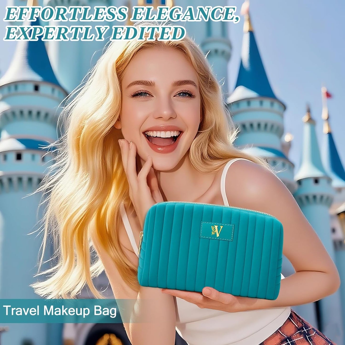 Monogrammed Make Up Bags for Women,Personalized Cosmetic Bags Women,Small Quilted Makeup Pouch,Cute Makeup Bag Travel,Birthday Gifts for Teen Girl (Blue V)