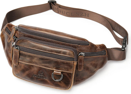 Genuine Leather Fanny Pack HandMade Durable cowhide Waist Bag Lots of Anti-theft zipper pocket Waxed Brown