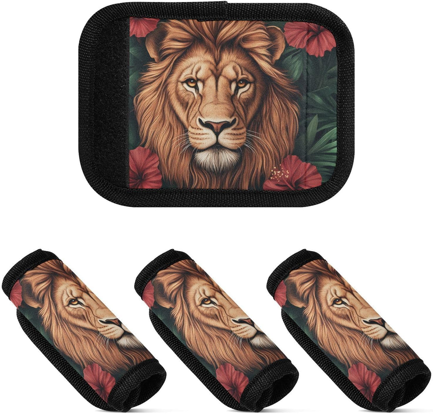 Lion Head Palm Leaves and Flowers 2 Pack Luggage Handle Wraps Covers for Suitcase Identifiers Bag Tags Travel Accessories