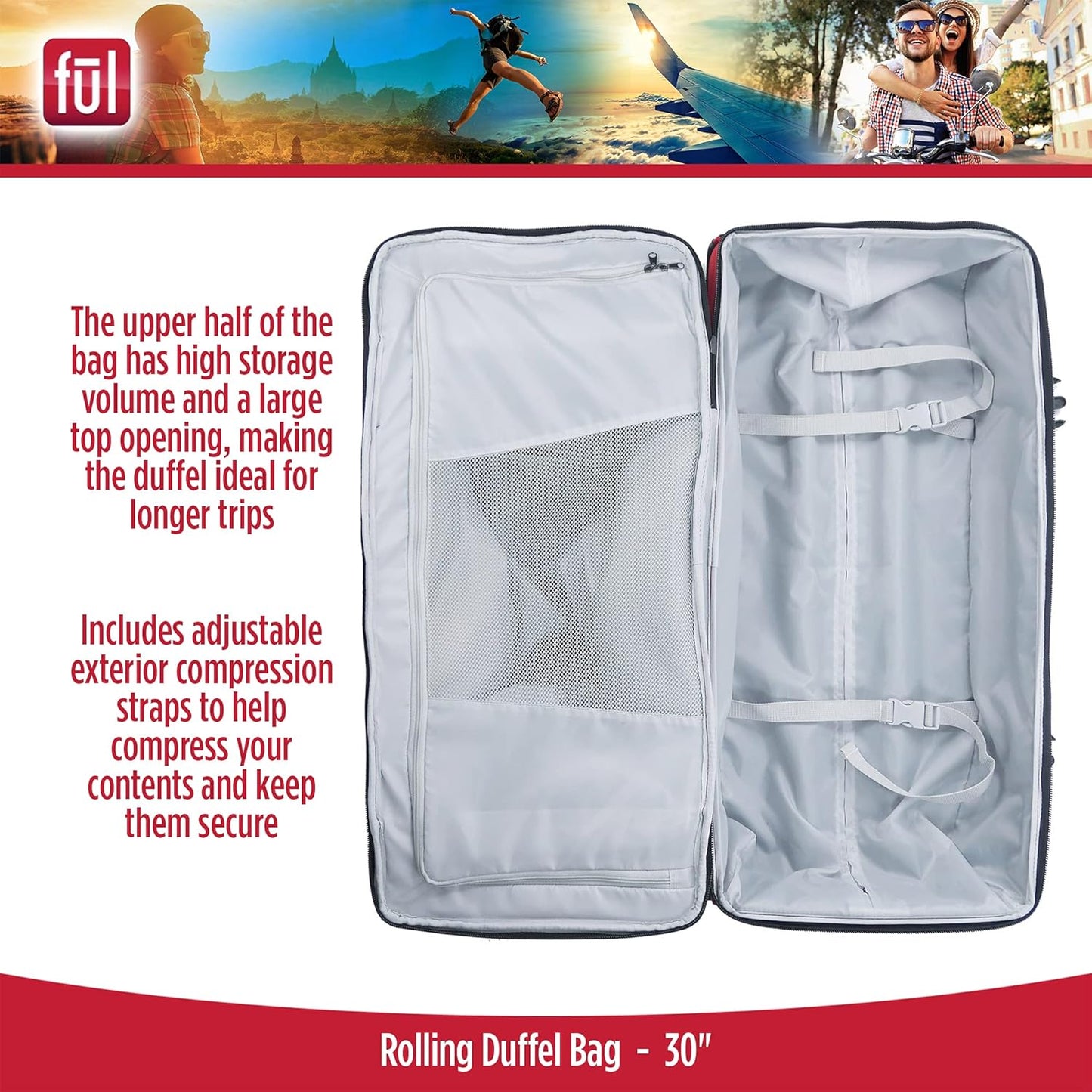 FUL Rig 30 Inch Rolling Duffel Bag, Travel Luggage with Wheels