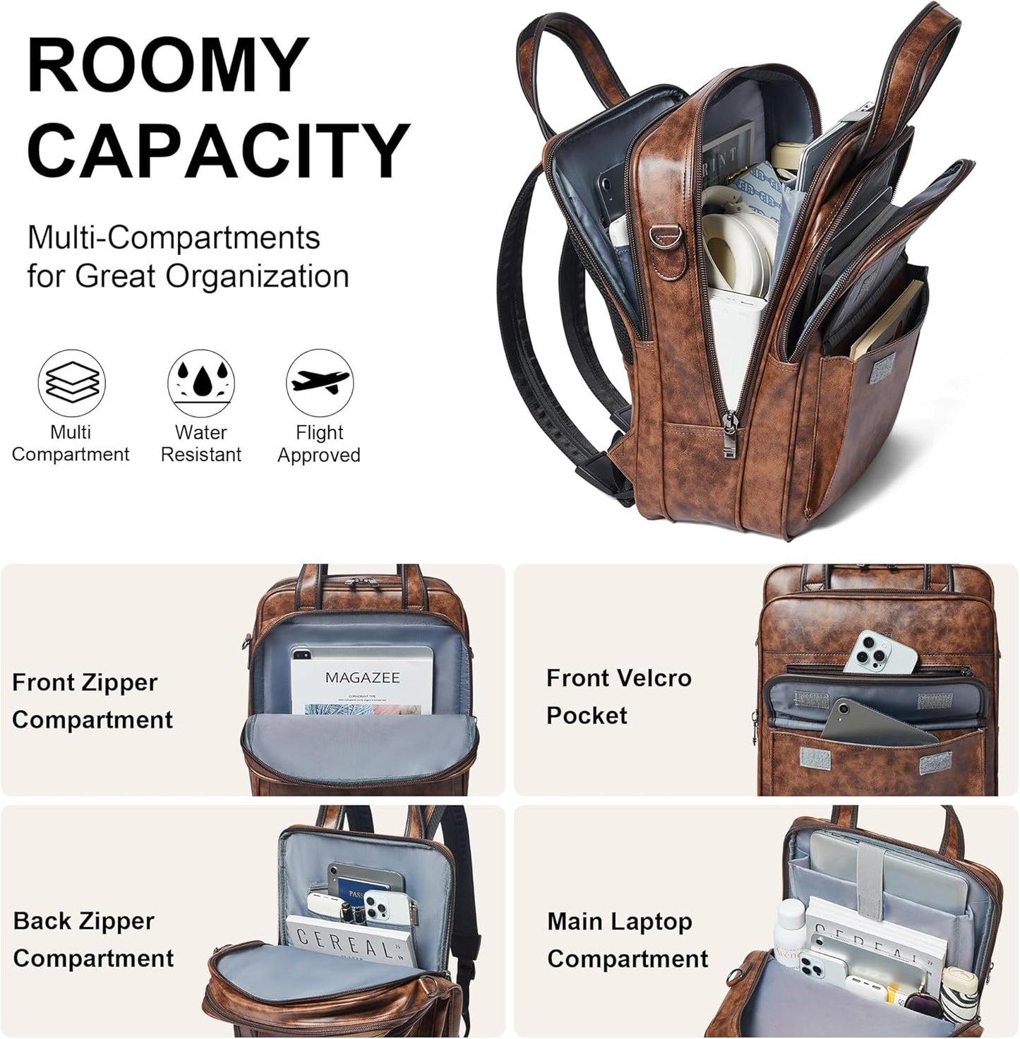 Shrrie Laptop Backpack for Women and Men, 15.6 Inch Vegan Leather Computer Backpack Professional Water-Resistant Casual Daypack for Work Business College Travel Office,Two-toned Brown