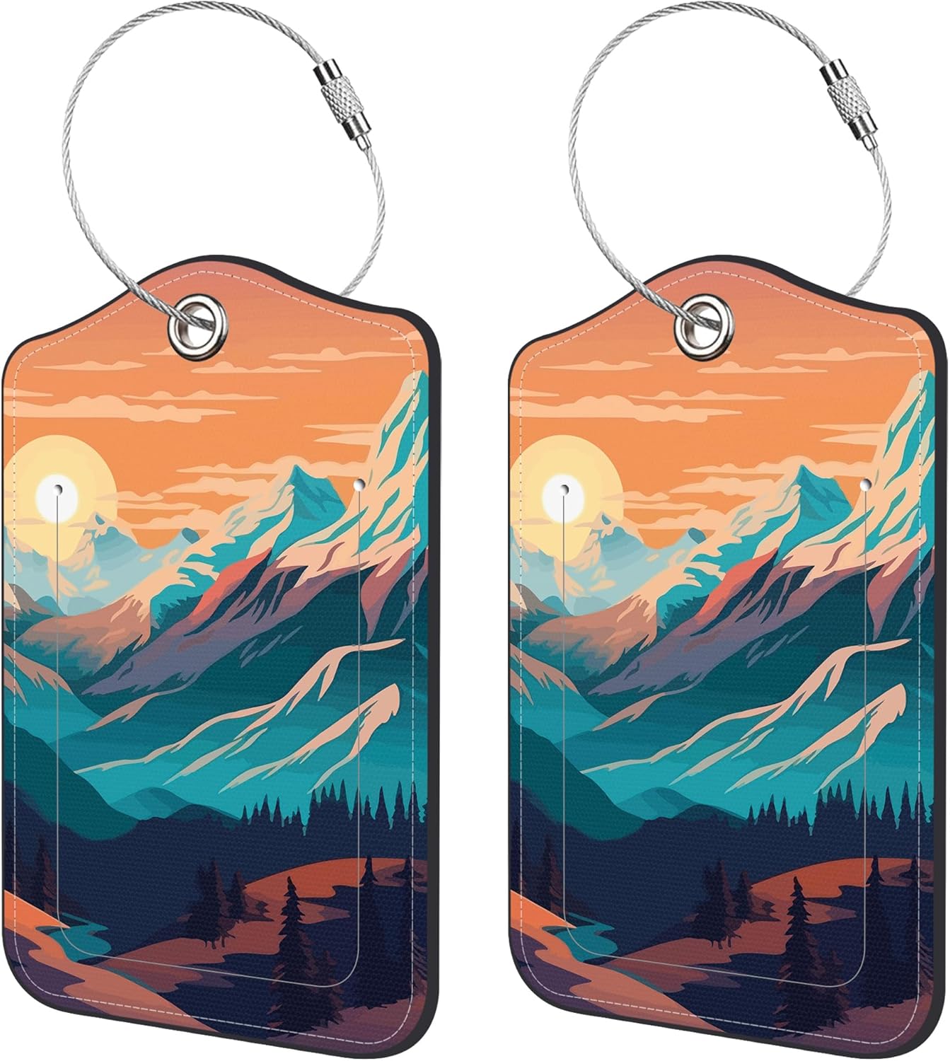 2 Pack Luggage Tags,Sunset in The Mountains PU Leather Idea Baggage Tag with ID Labels Privacy Cover Metal Ring Men and Women Travel Bag Labels
