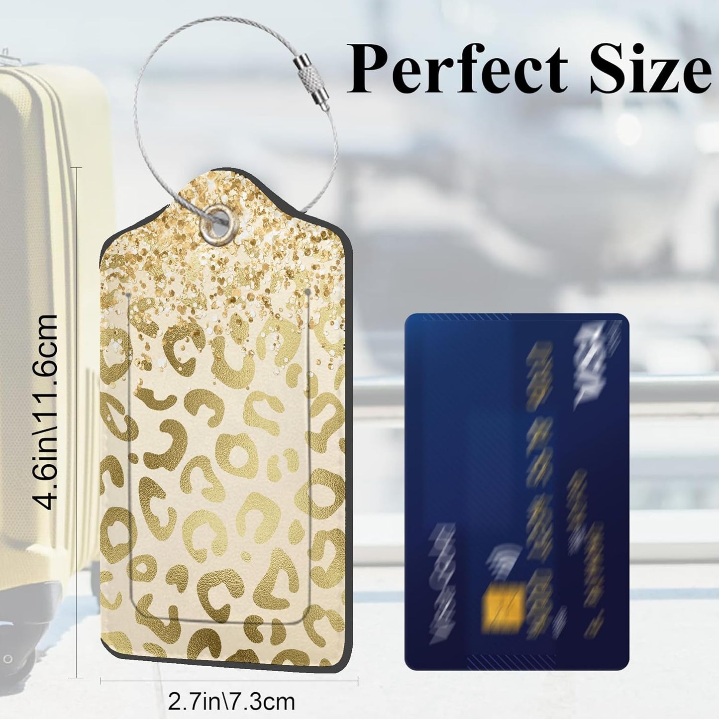 Golden Leopard Print 2 Pack PU Leather Luggage Tags with Stainless Steel Loop, Funny Travel Labels
