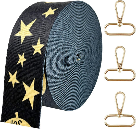Printed Star Nylon Webbing 1 1/2 inch 6 Yards Heavy Duty Patterned Black Fabric Webbing Luggage Handle Jacquard Ribbon for Backpack Bags-Decorative Supplies-Clothing-Sewing-DIY Crafts & Projects