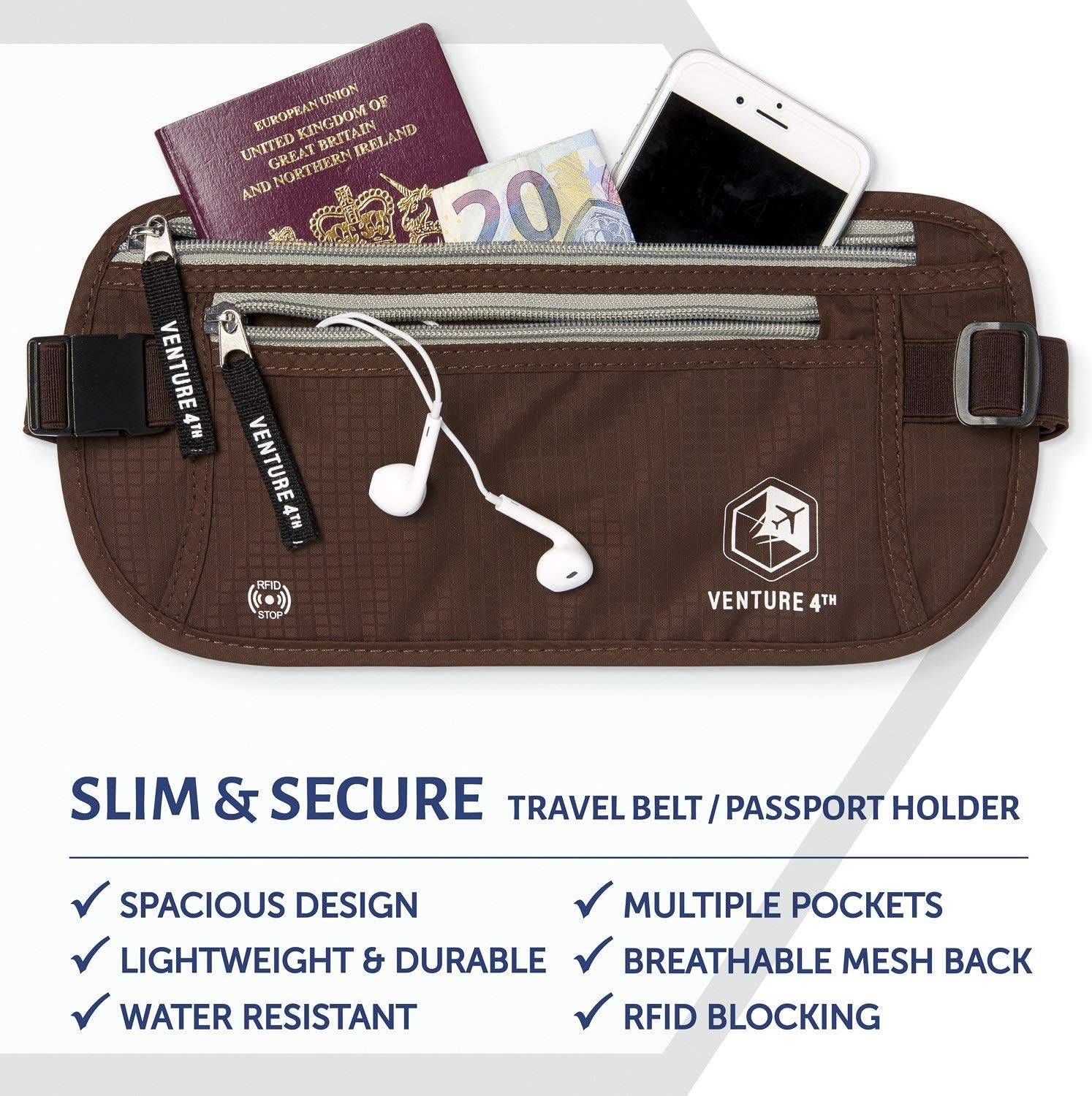 VENTURE 4TH Travel Money Belt - Slim Passport Holder RFID Blocking Travel Pouch to Protect Cash