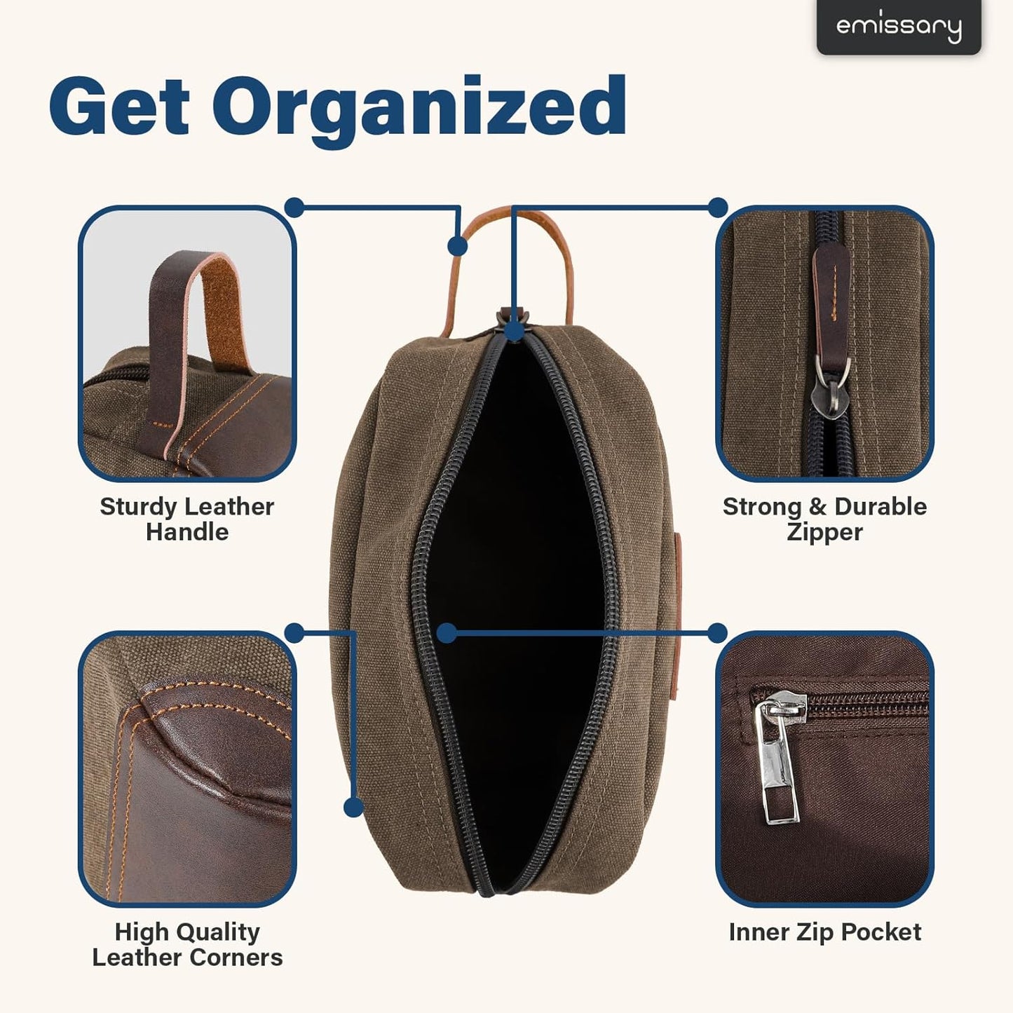 emissary Men's Toiletry Bag, Leather and Canvas Travel Toiletry Bag, Dopp Kit for Men, Travel Bathroom Bag Men's Shaving Kit, Travel Kit Small Bags for Men, Shaving Bag for Travel Accessories (Coffee)