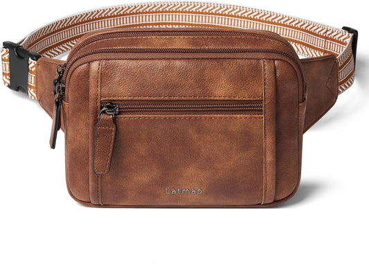 3L TRIPLE ZIP Fanny Packs Belt Bag For Women Men Crossbody Waist Pack Sling Chest Bum Travel Bag Purse Faux Leather Fashion Cute Brown