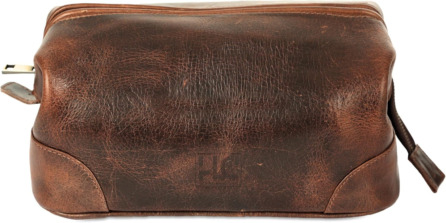 HLC Leather Toiletry Bag for Men - Premium Genuine Leather Dopp Kit Shaving Kit Organizer Travel Kit Pouch Bag - Large Size - Rustic Brown