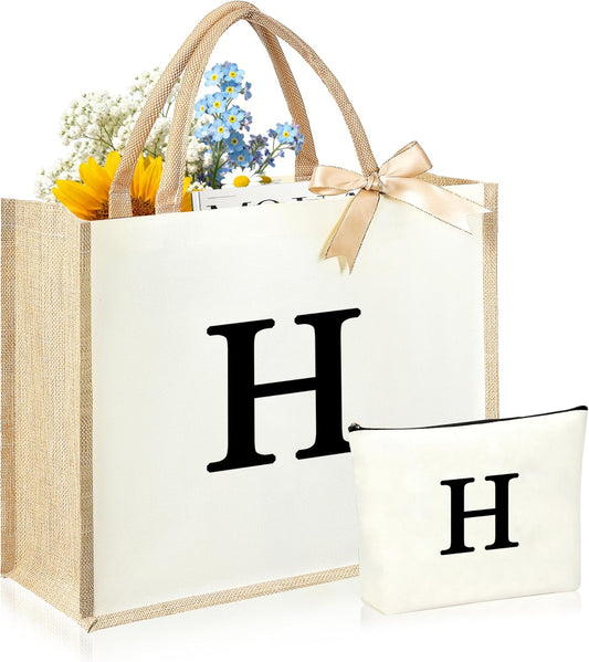 Initial Canvas Tote Bag & Makeup Bag for Women Teacher Bridesmaids，Personalized Present for Wedding, Birthday, Beach