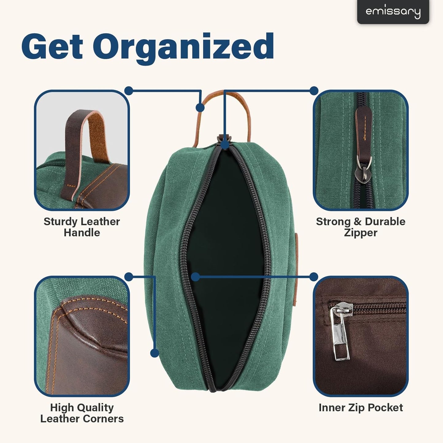 emissary Men's Toiletry Bag, Leather and Canvas Travel Toiletry Bag, Dopp Kit for Men, Travel
