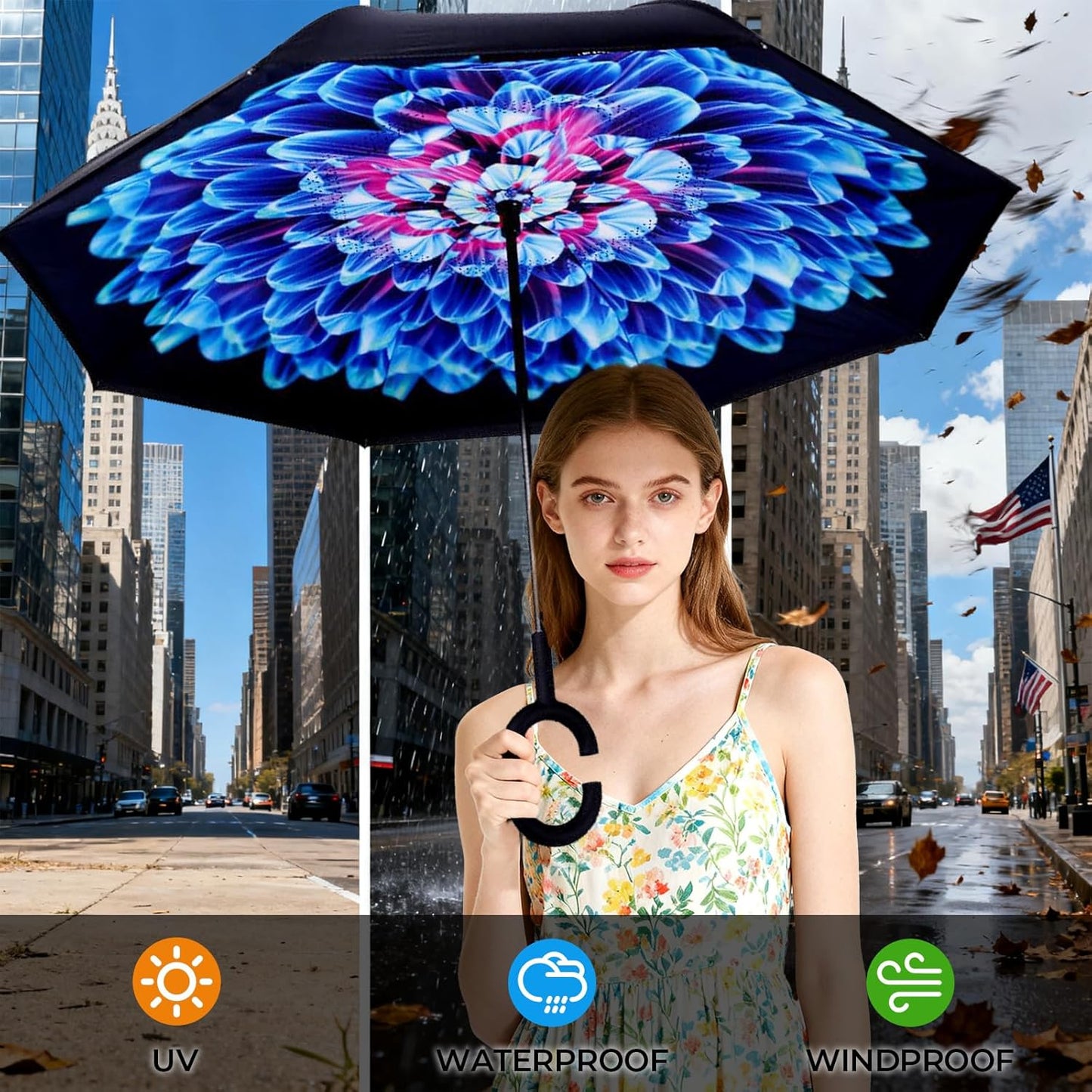 Inverted Umbrella, 49 Inch Double-Layer Vented Reverse Umbrella, Windproof Waterproof UV Protection, Lightweight C-Handle, Fiberglass Ribs, Steel Shaft, Travel/Commute/Car Use, With Sleeve