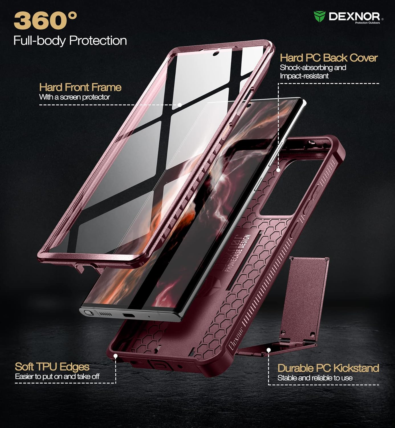 Dexnor for Samsung Galaxy Note 20 Ultra 5G Case, [Built in Screen Protector and Kickstand] Heavy Duty Military Grade Protection Shockproof Protective Cover for Samsung Galaxy Note 20 Ultra, Maroon Red