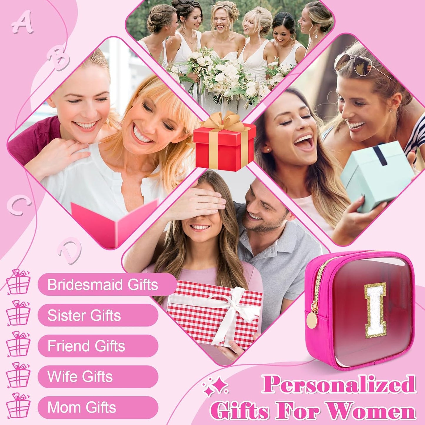 Personalized Initial Letter Clear Preppy Makeup Bag,Mini Nylon Chenille Letter Cosmetic Bag Cute Zipper Pouch Coin Purse for Teen Girls,Portable TSA Approved Travel Essentials Bag Gift for Women,I