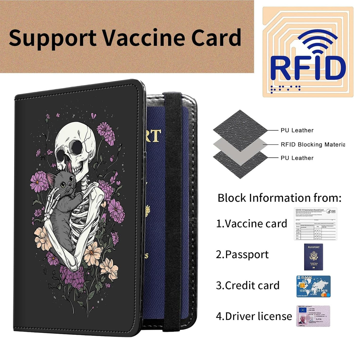 Passport and Vaccine Card Holder Cover Combo,Travel Passport Holder Wallet with RFID Blocking, Leather Vaccine Card Slot Passport Cover Case for Women & Men,Skeleton Holding a Cat