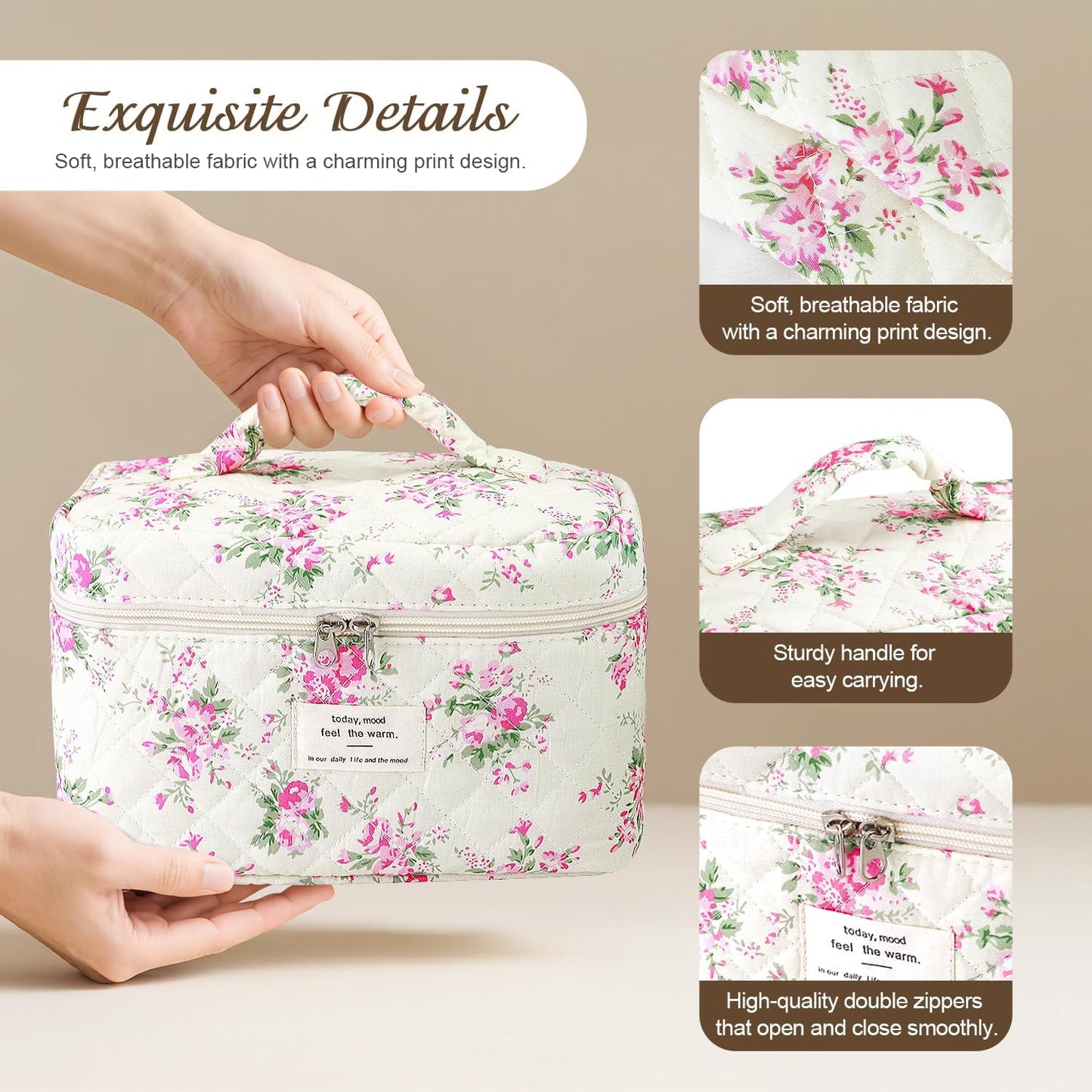 3Pcs Cotton Quilted Makeup Bag for Women Girls, Large Floral Cosmetic Bag Set Cute Makeup Brushes Aesthetic Accessories Storage Bag Pink Flower Travel Toiletry Bag Organizer