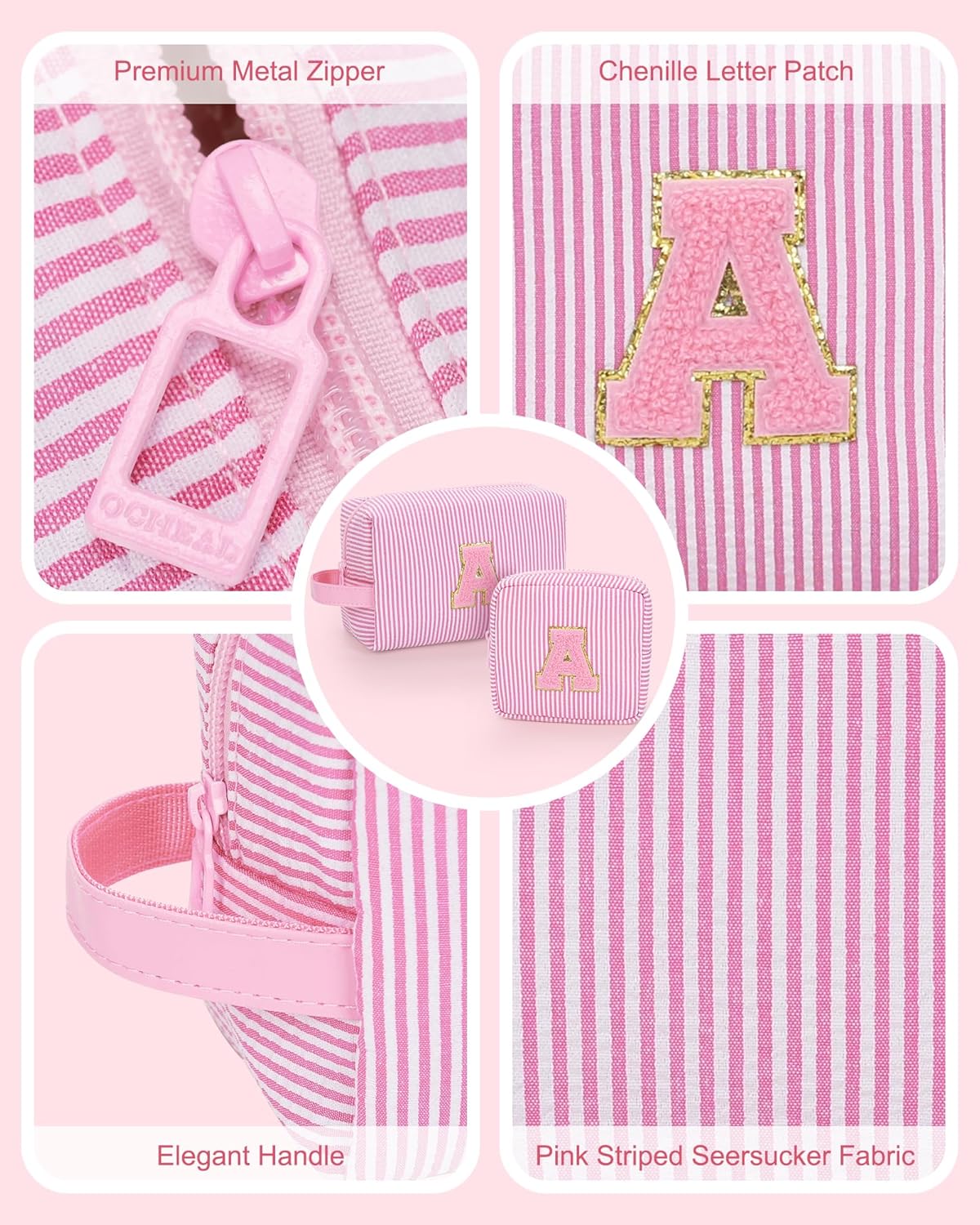 MONSTINA Cute Makeup Bag for Girls&Women Personalized Initial Toiletry Bag,Make Up Case for 11 12 13 14 15 16 Years Old Teen Girls Gift Trendy Stuff Birthday Gift for Her,2PCS Pink B