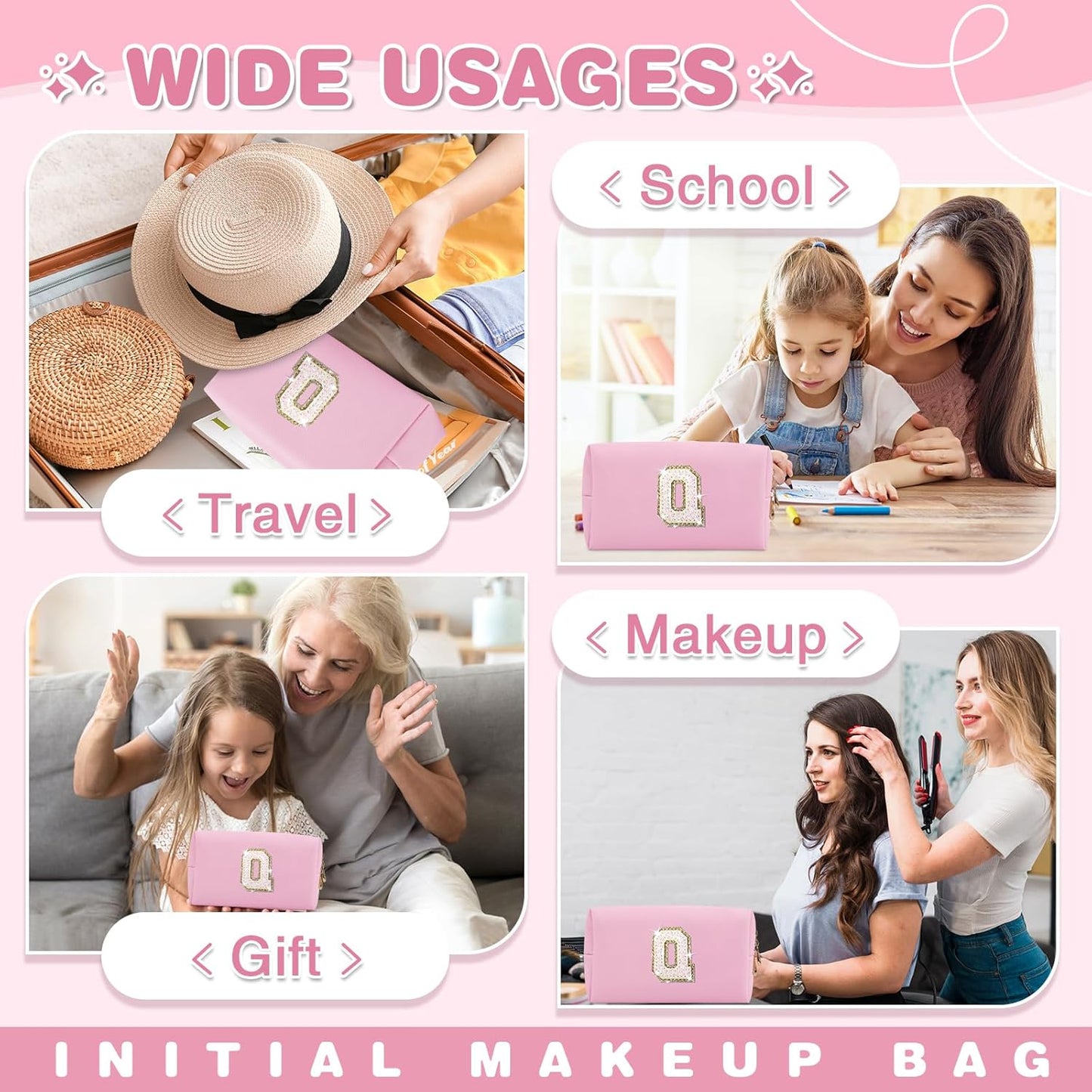 Small Personalized Initial A-Z Patch Makeup Bag,Pink Cute PU Leather Glitter Letter Cosmetic Bag