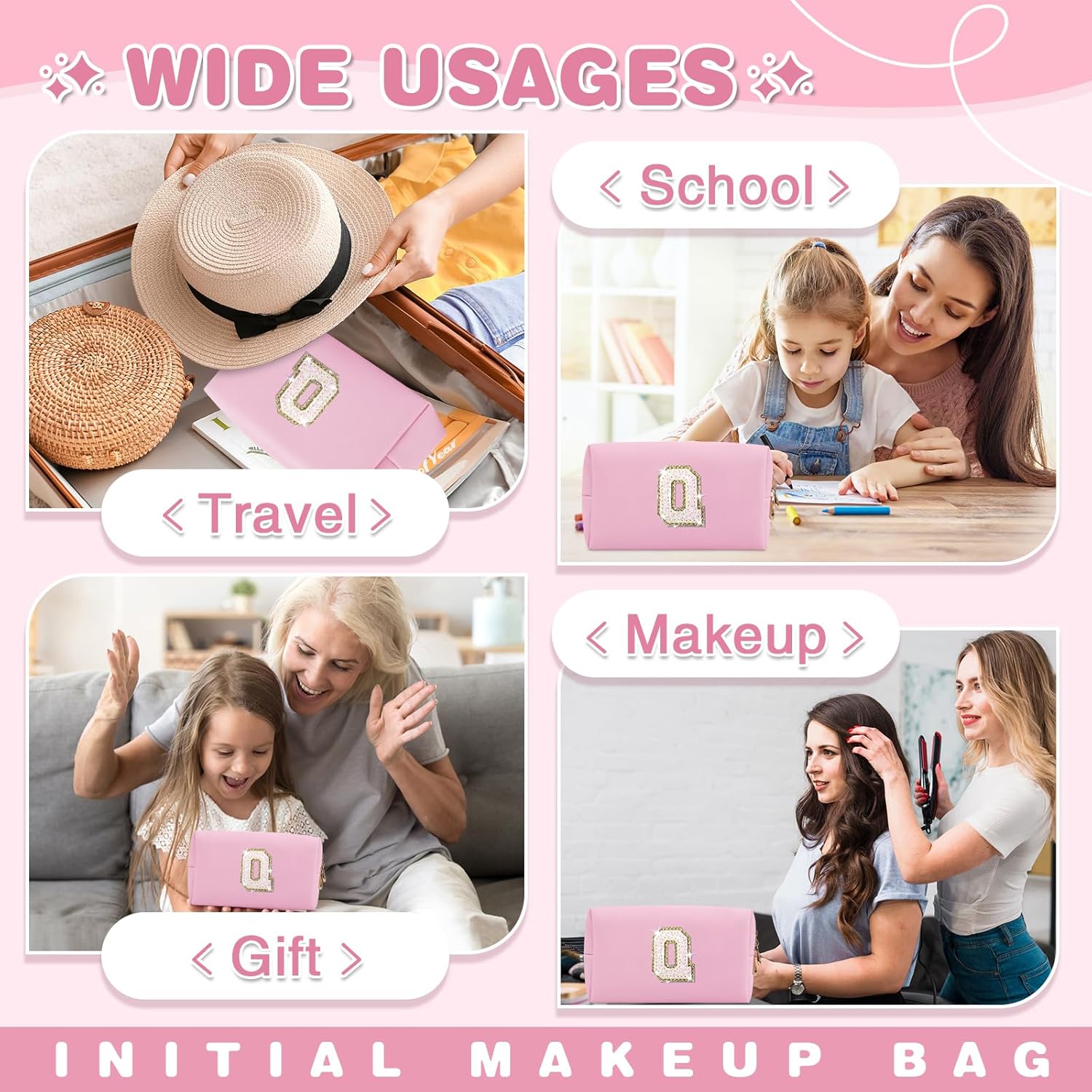 Small Personalized Initial A-Z Patch Makeup Bag,Pink Cute PU Leather Glitter Letter Cosmetic Bag