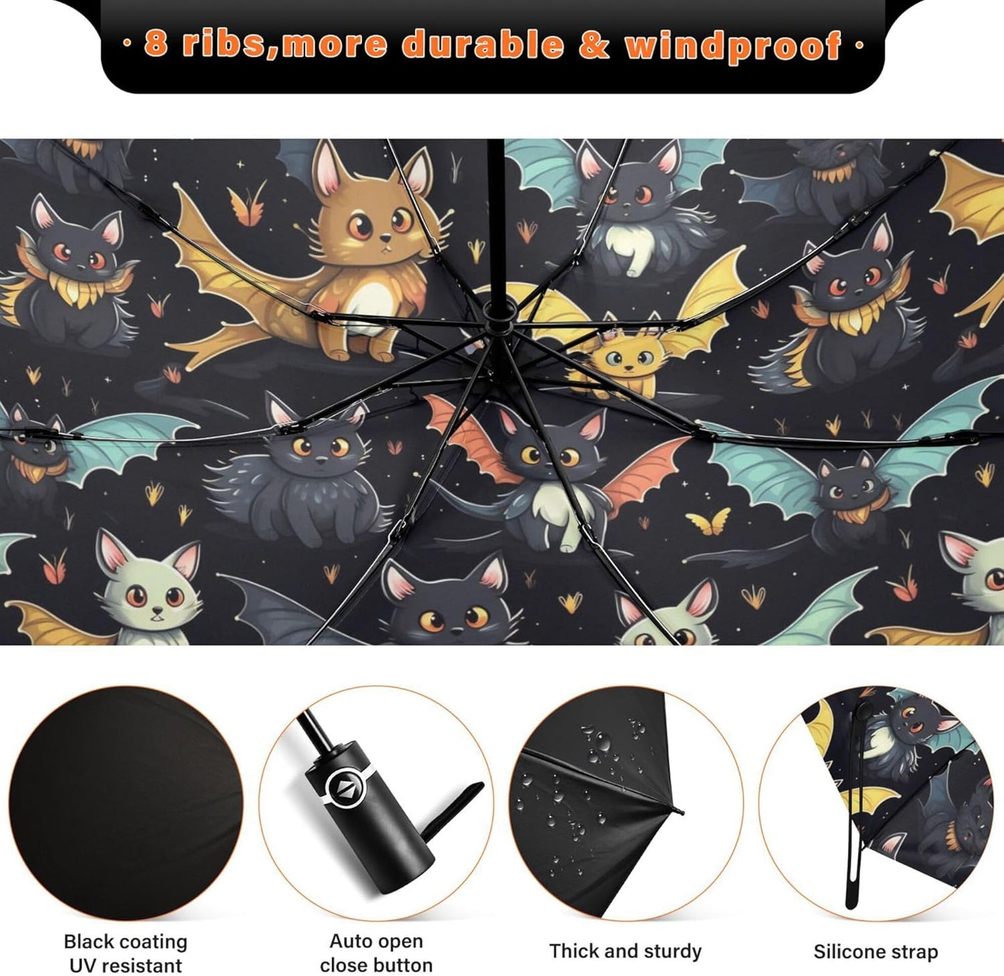 Automatic Folding Umbrella Windproof Strong, UV Protection Compact Black Gothic Moon Spider Webs and Bats Sun Rain Sun Rain Travel Umbrellas for Women Men