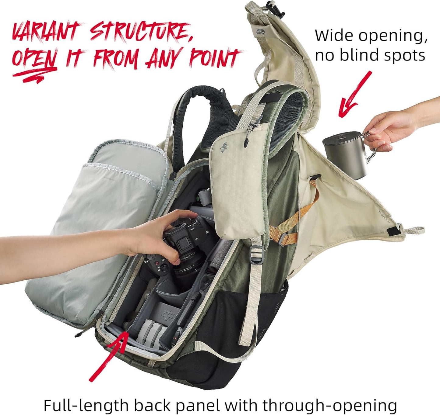 VSGO Pocket Ranger Expandable 35-43L Photography & Outdoor Backpack – Lightweight Camera Bag for