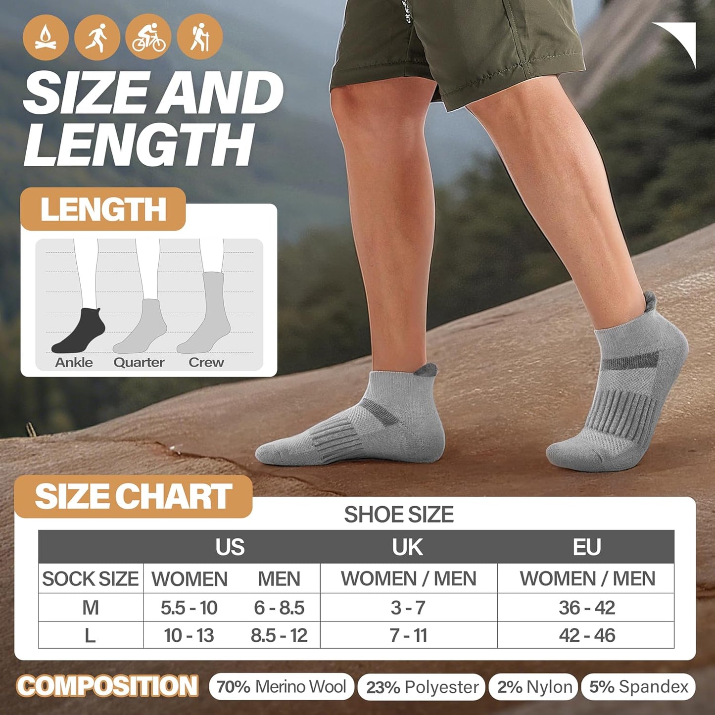 6 Pairs Merino Wool Ankle Running Hiking Socks Compression Support Breathable Thick Cushion No Show Socks for Women Men