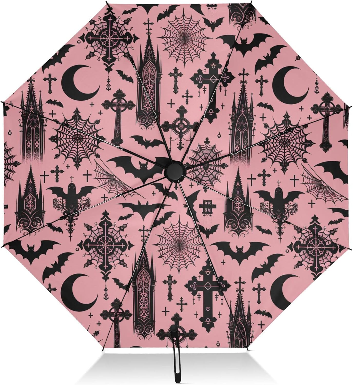 Automatic Folding Umbrella Windproof Strong, UV Protection Compact Black Gothic Moon Spider Webs and Bats Sun Rain Sun Rain Travel Umbrellas for Women Men