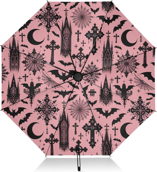Automatic Folding Umbrella Windproof Strong, UV Protection Compact Black Gothic Moon Spider Webs and Bats Sun Rain Sun Rain Travel Umbrellas for Women Men
