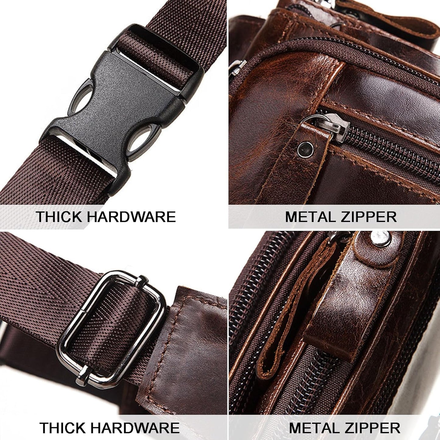 Mens Genuine Leather Waist Pack Fanny Pack Multi Pocket Crossbody Bag Adjustable Strap for Travel Outdoor (Black)