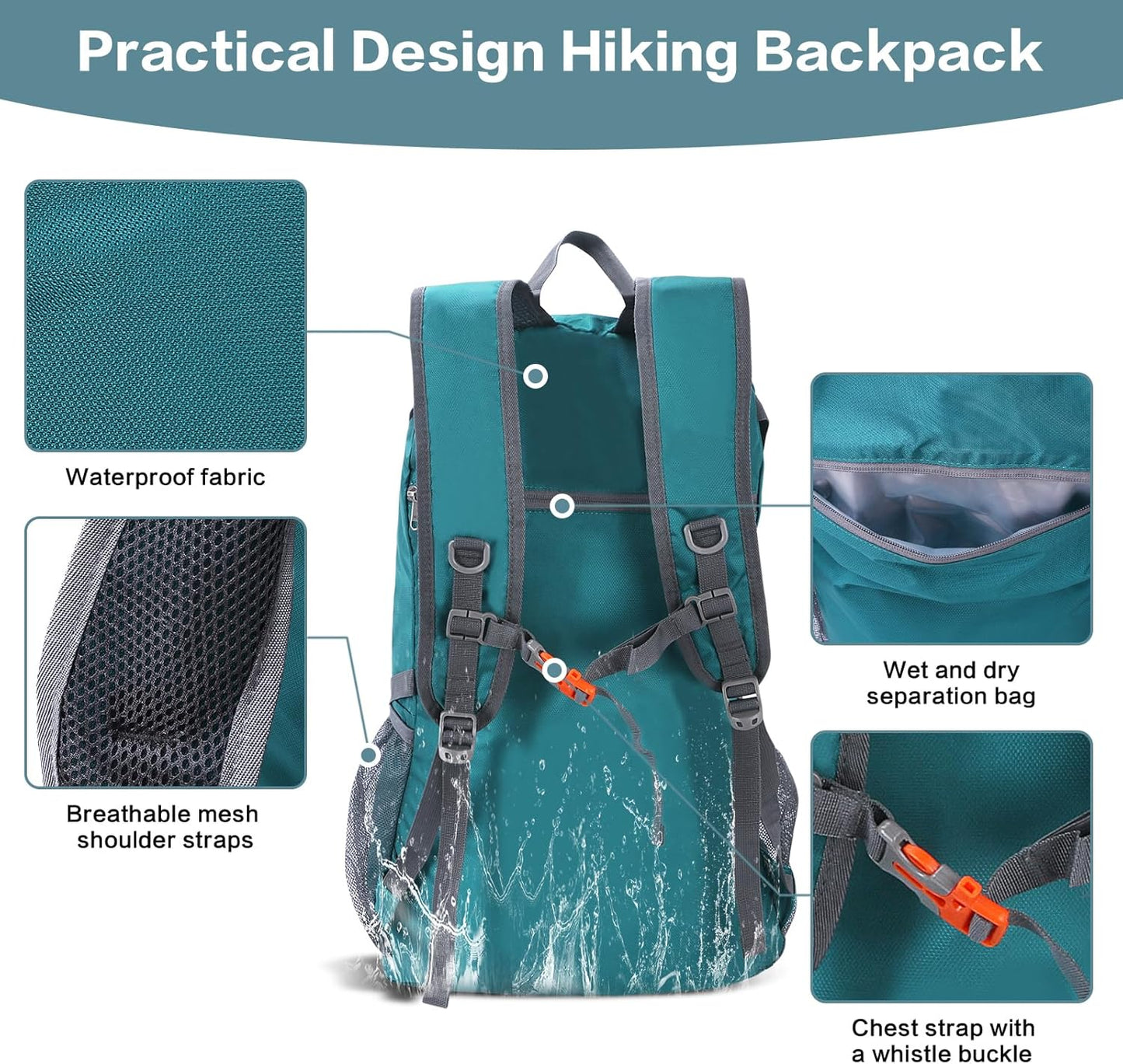 40L Hiking Backpack, Lightweight Foldable Hiking Daypack with Wet Pocket, Waterproof Travel Camping Bag for Men Women