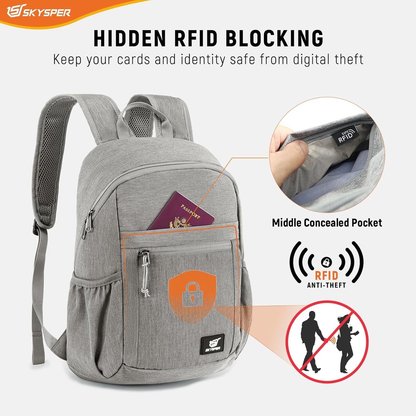 SKYSPER Anti Theft Hiking Backpack, 18L RFID Packable Travel Daypack, Lightweight Foldable Back
