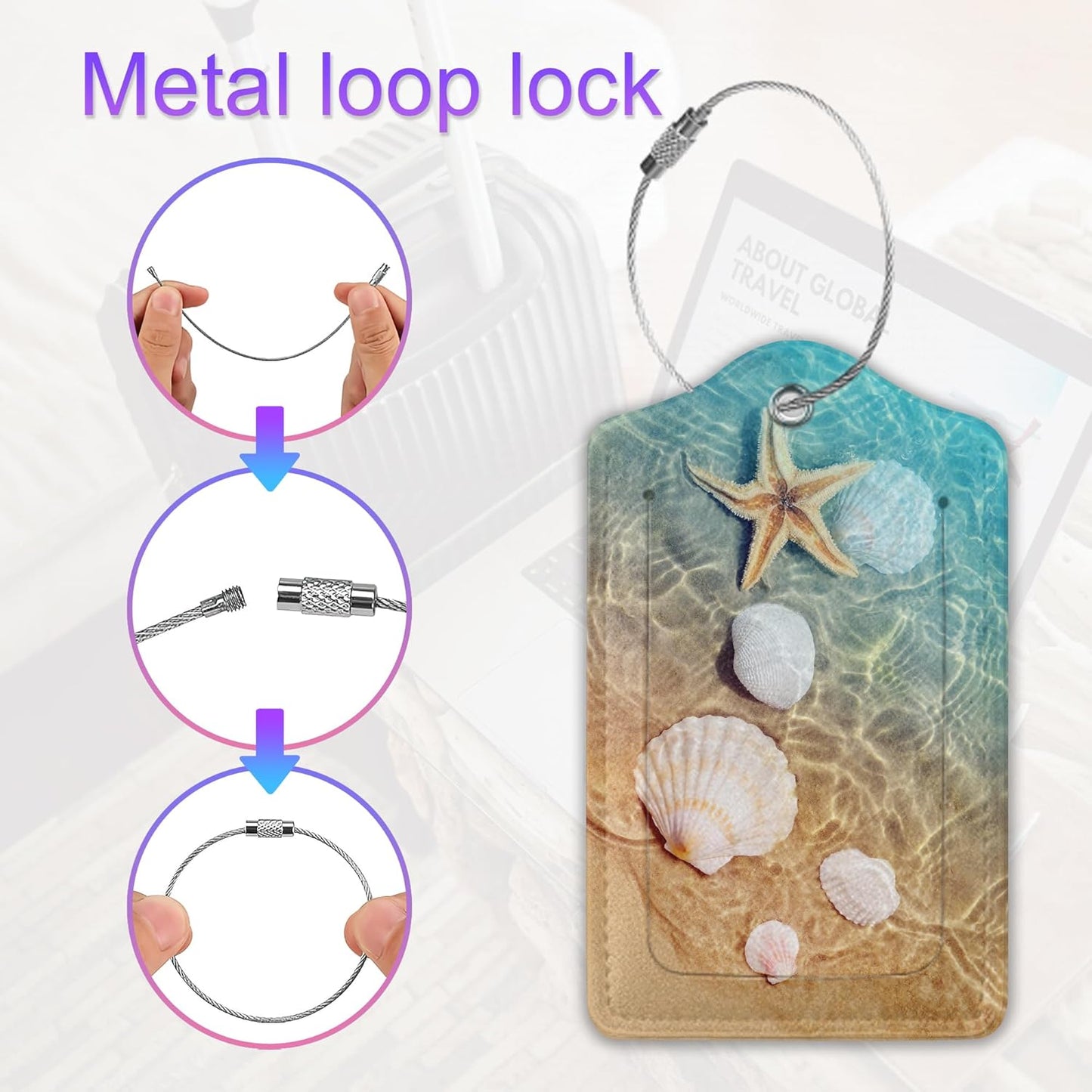 Summer Beach Luggage Tag for Suitcase,Starfish Seashell Travel Luggage Cover with Privacy Cover ID Label & Stainless Steel Loop for Men Women