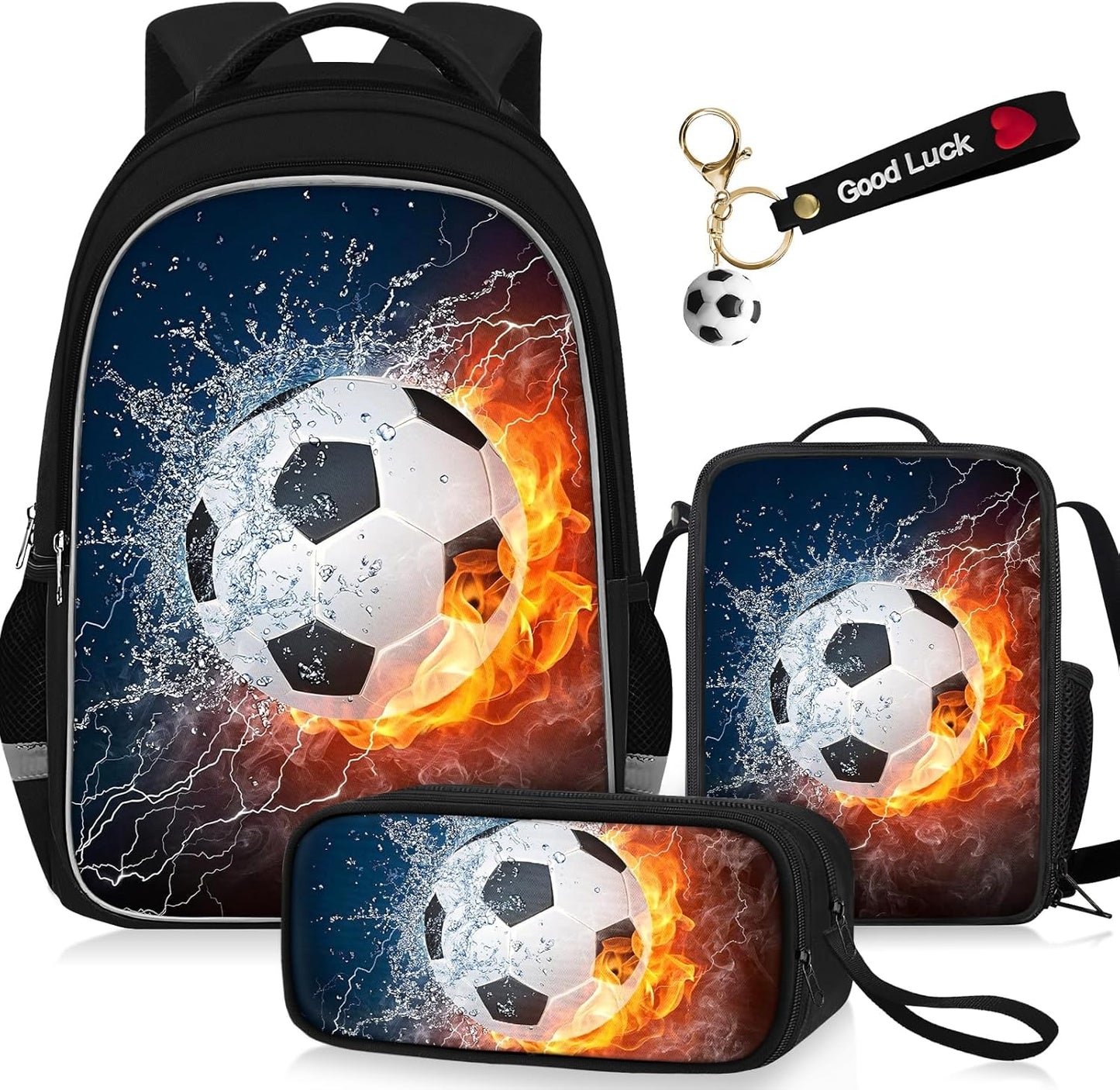 School Backpack for Boys - 4pcs Soccer Boys Backpack with Lunch Box and Pencil Case for Kids Children Teens Elementary Middle School - Students Bag for Ages 6-18,17″Bookbag Travel Back Pack