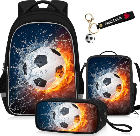 School Backpack for Boys - 4pcs Soccer Boys Backpack with Lunch Box and Pencil Case for Kids Children Teens Elementary Middle School - Students Bag for Ages 6-18,17″Bookbag Travel Back Pack