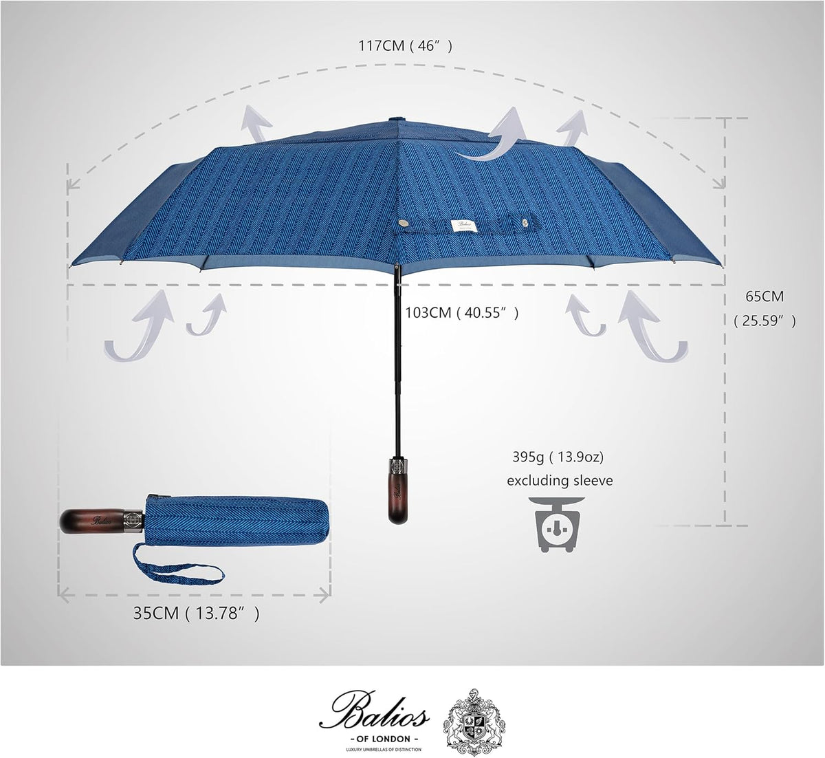 Balios Travel Folding Umbrella with Real Wood Handle Auto Open Close Vented Windproof Canopy