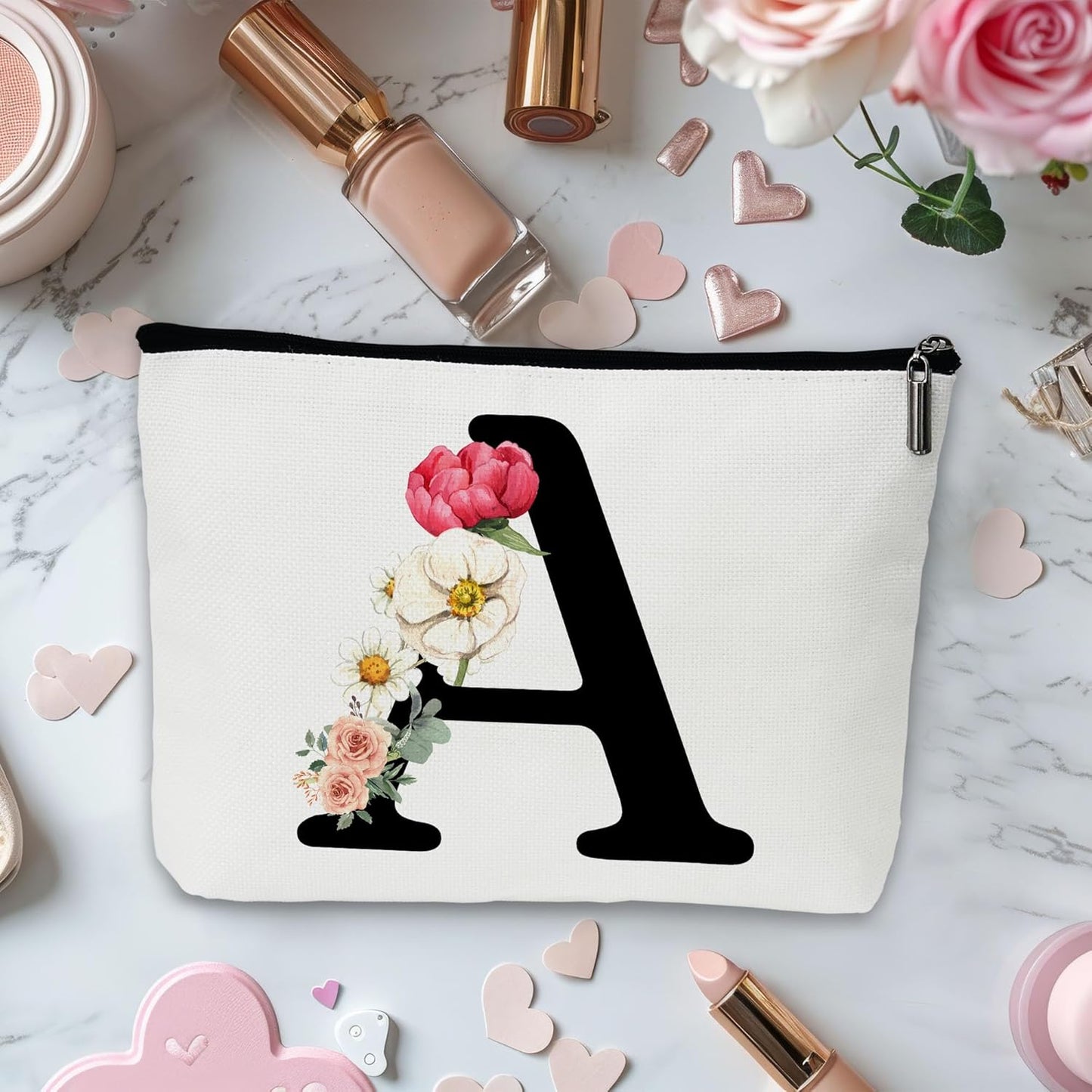 Personalized Letter A Makeup Bag for Women, Birthday Gifts for Mom, Small Zipper Pouch for Purse, Christmas Bridesmaid Friendship Gifts for Sister Daughter, Girls Weekend Gifts for Women-A01