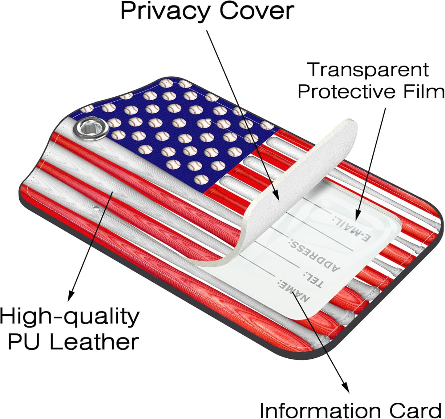 2 Pack Luggage Tags,Baseball American Flag PU Leather Idea Baggage Tag with ID Labels Privacy Cover Metal Ring Men and Women Travel Bag Labels