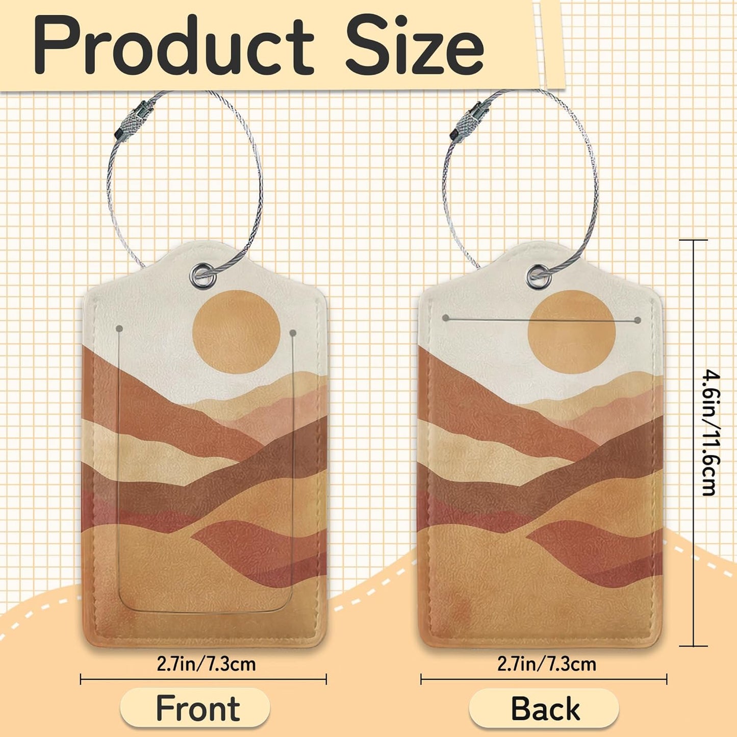 3 Pack Abstract Landscape Luggage Tags for Suitcases, Boho Sun Mountains Cute Leather Name Tag with Privacy Cover with Stainless Steel Loops, Travel ID Bag Tags for Women Men