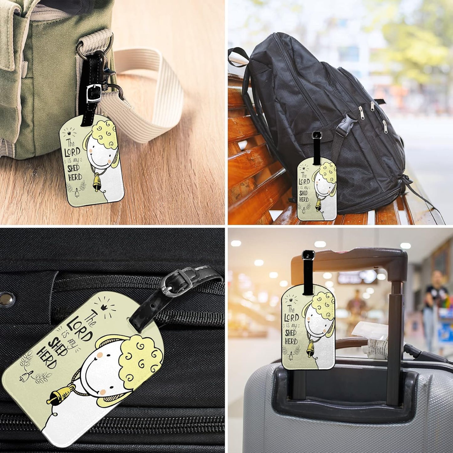 Lovely Sheep Luggage Tag with Name ID Card A Bell God is My Shepherd Bible Christian Poster Baggage Identification Labels ID Tags with Belt Strap for Travel Cruise Ships, 1 Pack