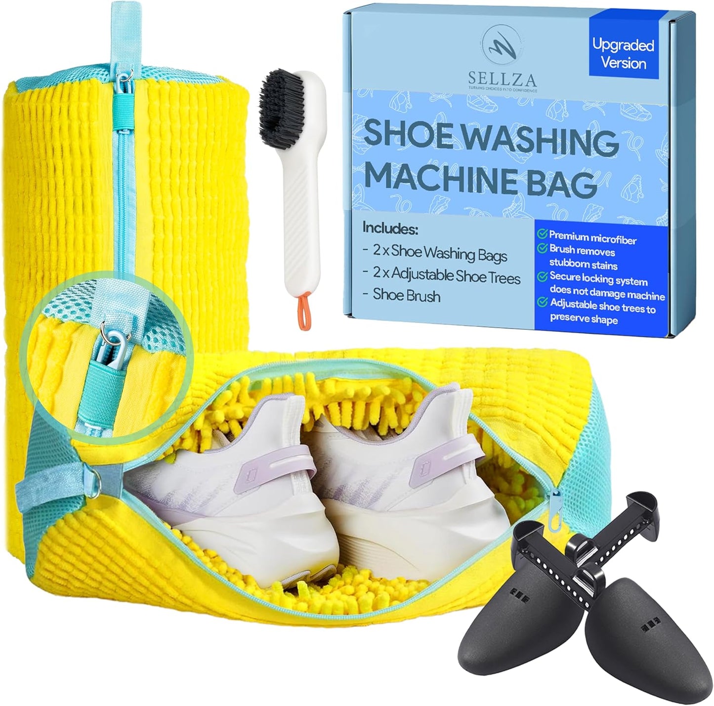 Shoe Washing Machine Bag – 2 Pcs Reusable Shoe Washing Bag with Brush & Shoe Trees, 360° Deep Cleaning Durable Sneaker Washing Machine Bag, Fits All Shoe Types & Sizes (Yellow, 14.8 × 7.4 Inches)