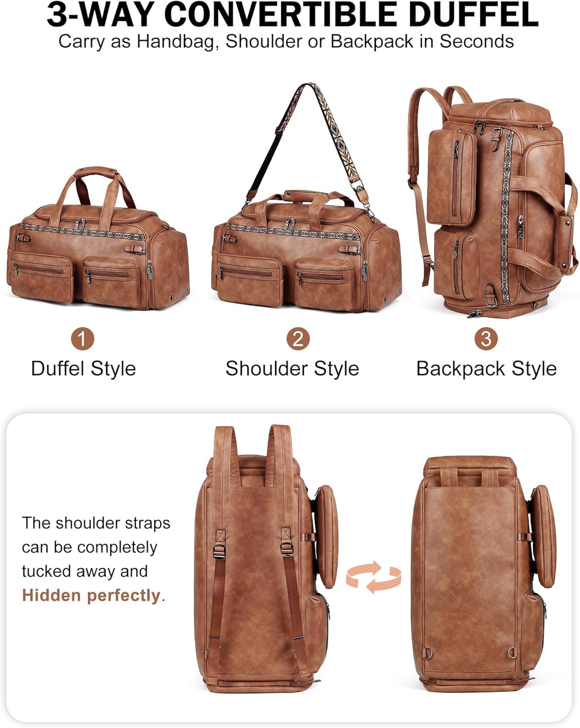 FADEON Duffle Bag for Women, Large Convertible Carry on Overnight Backpack, Designer Leather Mens Weekend Bags for Travel