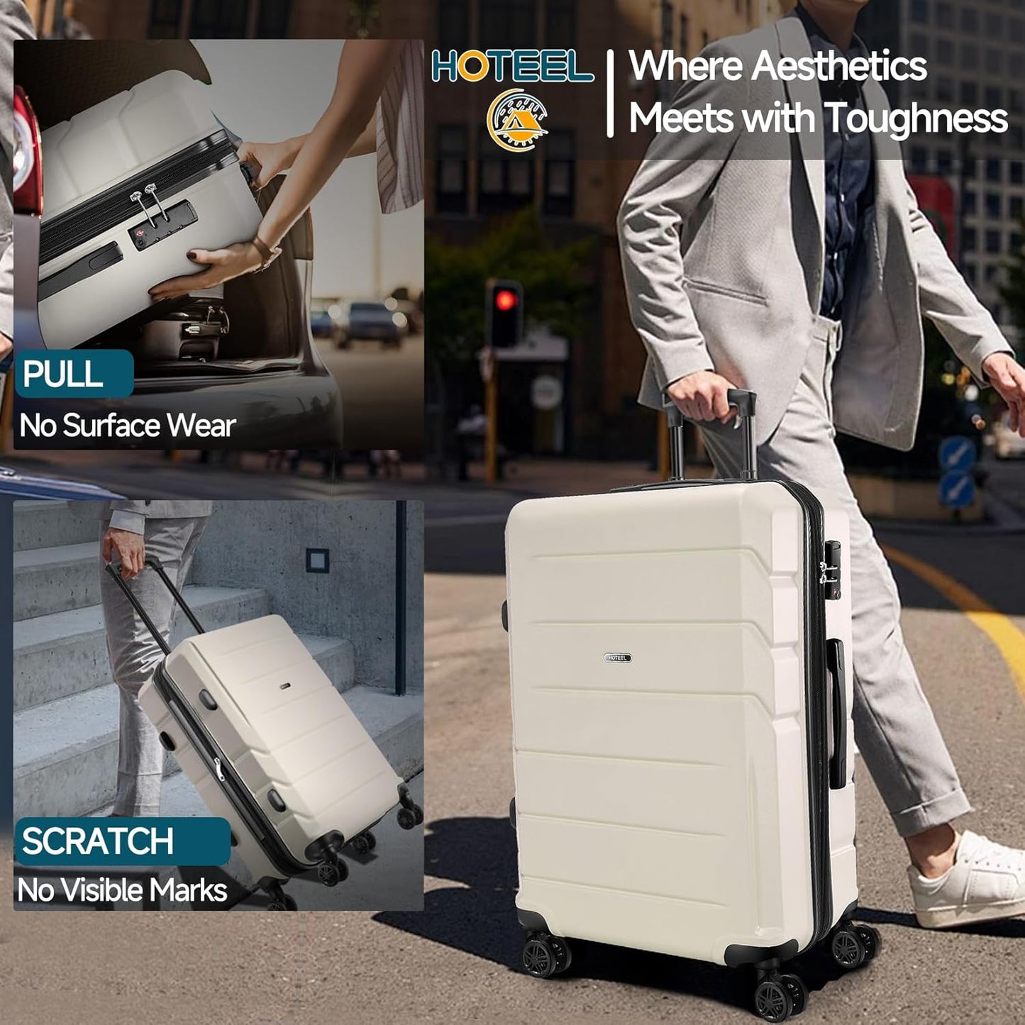 Hoteel Luggage Sets 3 Piece, 4-Yr Warranty ABS+PC Hard Shell Expandable Suitcases with Wheels, TSA Aproved Lock and Carry on Bags, Travel Suit Case Set for Men and Women, (3-Piece, Beige)