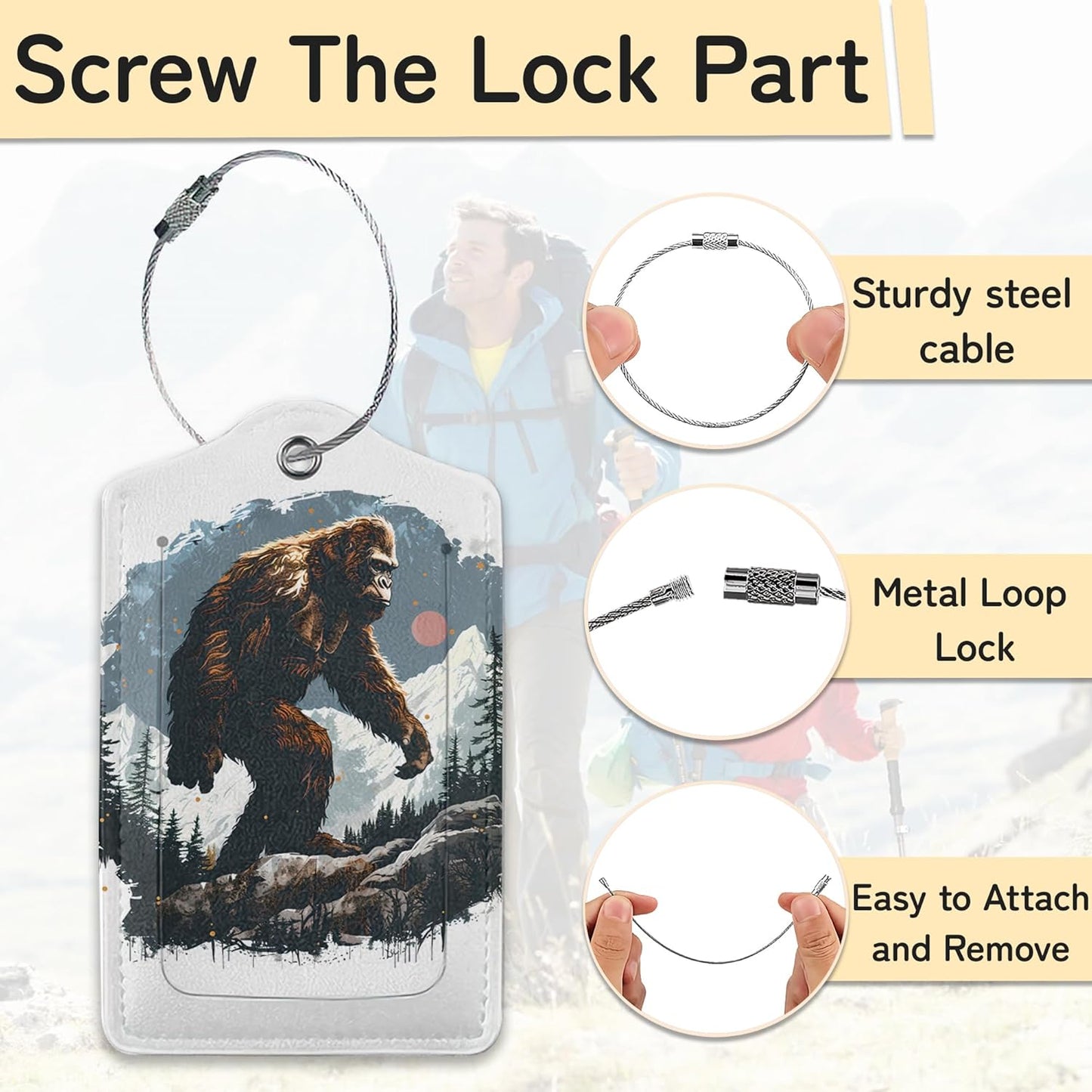 3 Pack Big Foot Luggage Tags for Suitcases, Forest Moon Cute Leather Name Tag with Privacy Cover with Stainless Steel Loops, Travel ID Bag Tags for Women Men