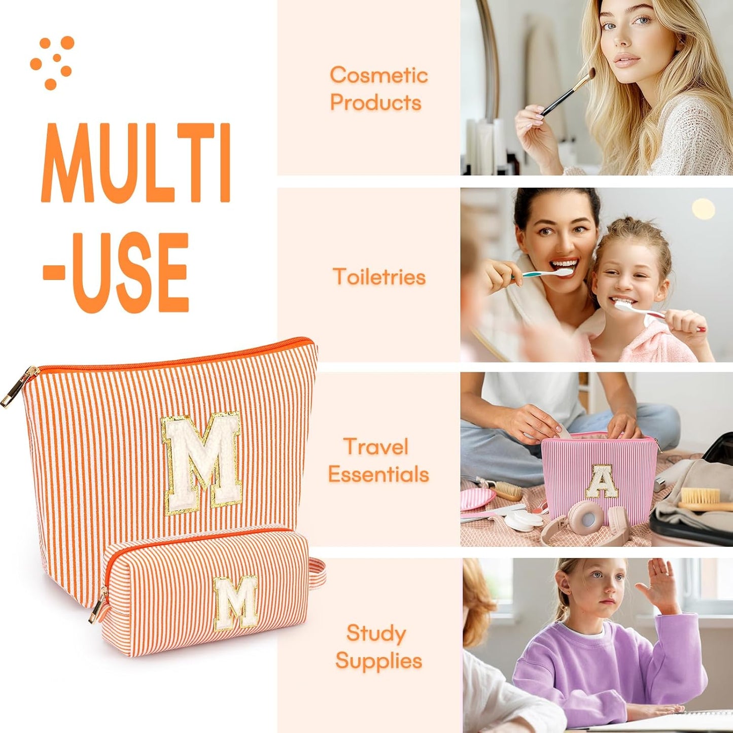 mibasies 2 PCS Initial Makeup Bags: Mothers Day Gifts for Women - Best Friend Birthday Gifts Graduation Gifts Wedding Bridesmaid Girlfriend Wife Daughter Sister Girl Gifts - Orange M