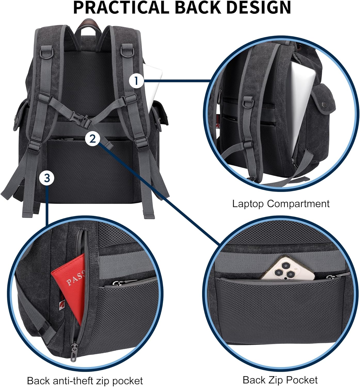 WITZMAN Canvas Backpack for Men Vintage Rucksack Fit 15.6 inch Laptop Backpack Travel High Capacity Casual Daypack (A8004 Black/Gery