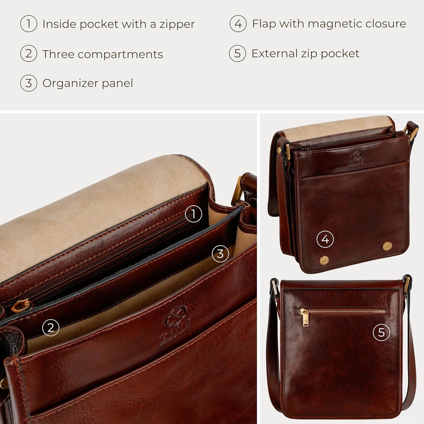 Time Resistance Italian Leather Messenger Bag for Men - Full Grain Leather Men's Crossbody Bag - Tablet Sized Shoulder Bag
