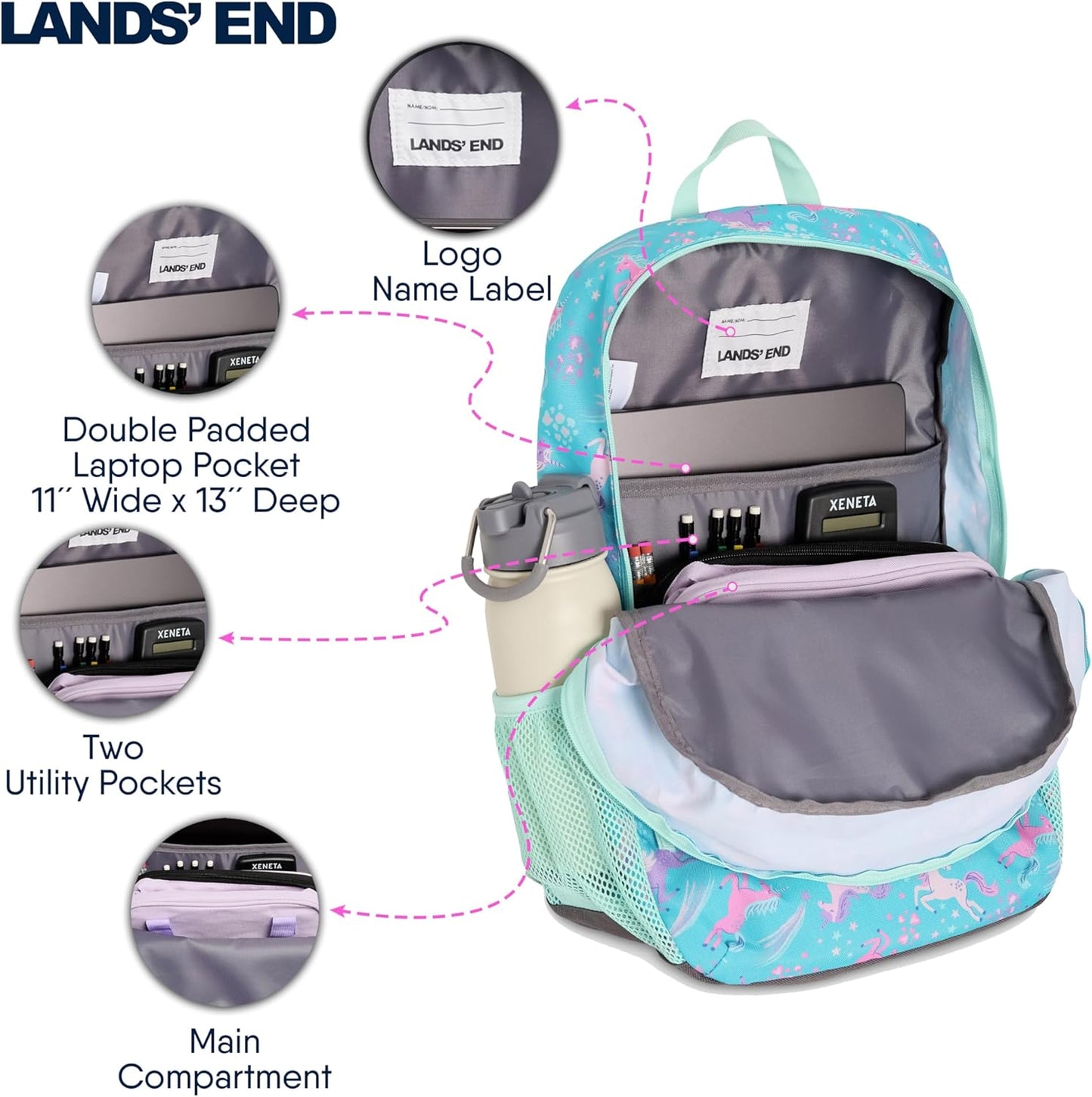 Lands' End Unisex Kids Medium ClassMate Lightweight Durable Elementary School Backpack, Ceramic Blue