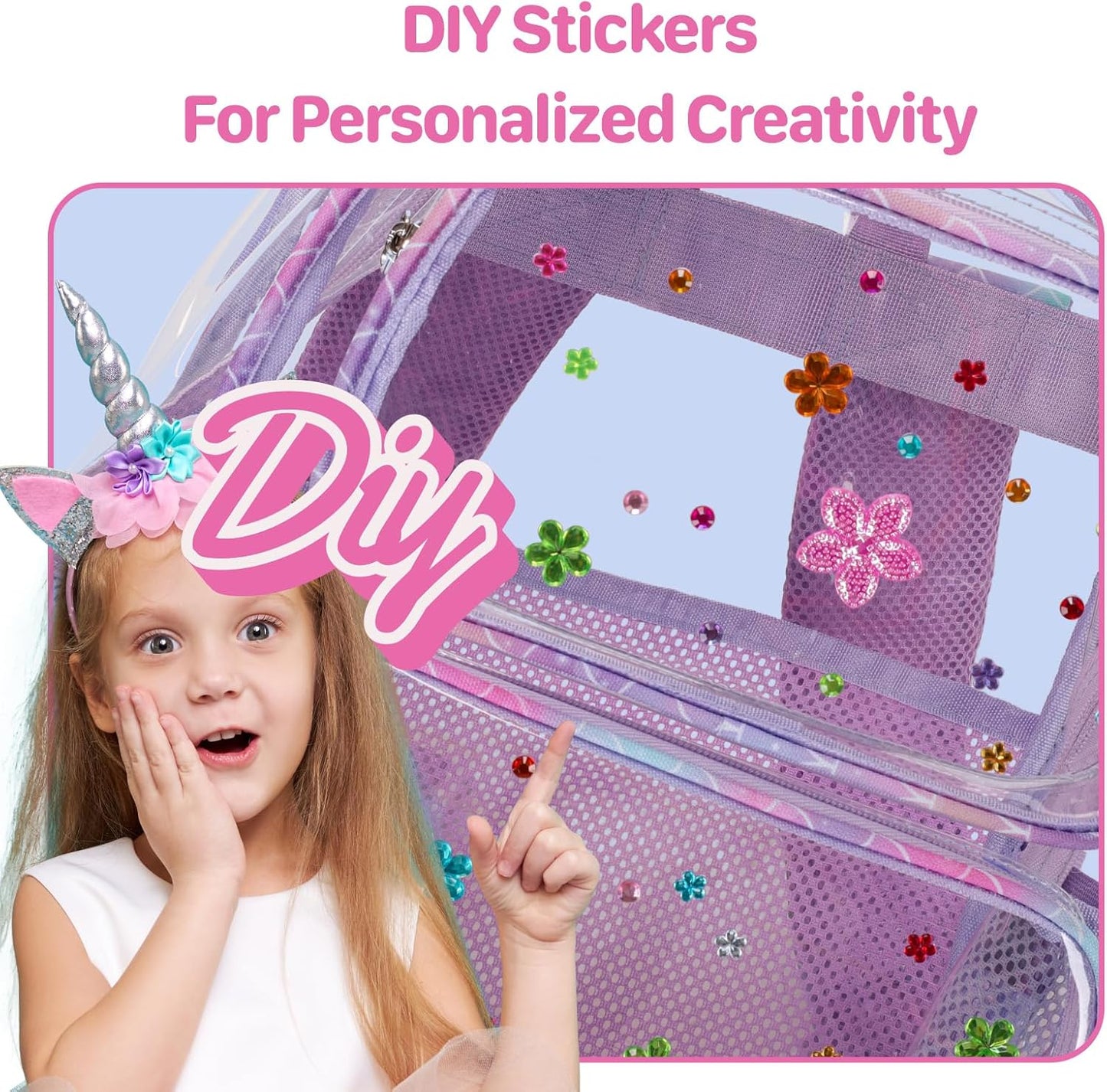 Bagseri 2pcs Clear Backpack for Girls - 15 Inch Backpack with Clear Lunch Bag, Heavy Duty Transparent Bookbag for School, See Through Bag for Kids Aged 3 to 8, Purple Mermaid