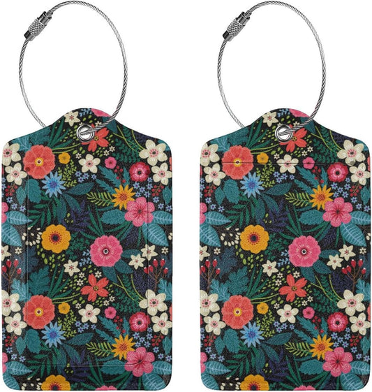 2 Pack Luggage Tag for Suitcase, Cute Leather Suitcase Tags Identifiers with Privacy Name Address Labels Durable Steel Loop for Women Men Girl Travel (Colorful Flowers and Leaves)