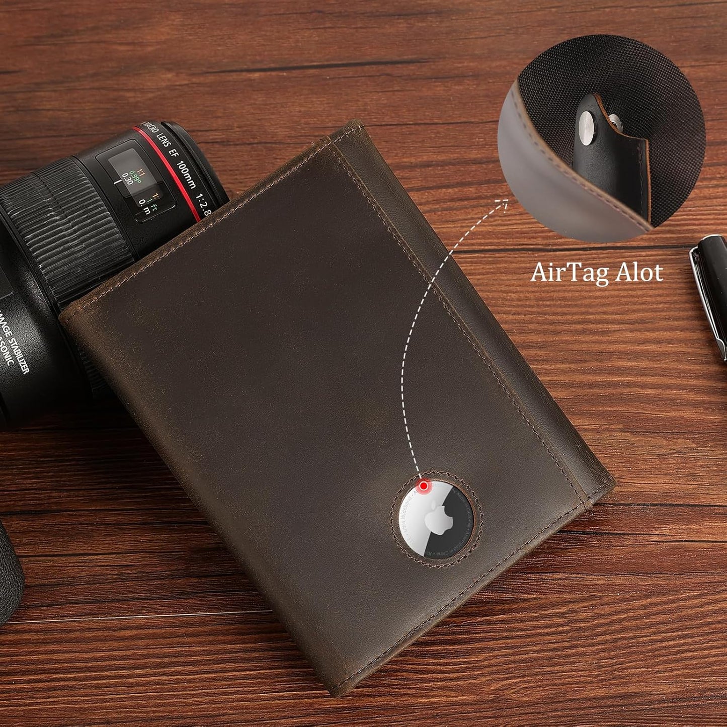 Polare Full Grain Leather Pilot Wallet Passport Holder RFID Blocking Trifold Wallet for Men Travel Cover Document Organizer for Aviation Professionals (Dark Brown with AirTag Slot)